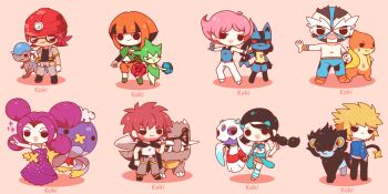 4boys 4girls :d aqua_bow artist_name barefoot bastiodon black_cape black_footwear black_hair black_shirt blonde_hair blue_flower blue_gloves blue_jacket blue_pants blue_rose blue_shirt blue_socks bow braid brown_hair brown_jacket brown_pants brown_shorts brown_skirt byron_(pokemon) candice_(pokemon) cape chibi closed_eyes closed_mouth clothes_around_waist commentary cranidos crasher_wake dress drifblim english_commentary eyelashes facial_hair fang fantina_(pokemon) fingerless_gloves floating floatzel flower froslass full_body gardenia_(pokemon) gen_3_pokemon gen_4_pokemon glasses gloves green_footwear green_poncho half-closed_eyes helmet highres holding holding_poke_ball holding_shovel jacket koki_arts long_hair looking_back lucario luxray maylene_(pokemon) mining_helmet multicolored_hair multiple_boys multiple_girls nintendo open_clothes open_jacket open_mouth orange_shoes outstretched_arm outstretched_arms pants pink_background pink_hair poke_ball poke_ball_(basic) pokemon pokemon_(creature) pokemon_dppt poncho purple_dress purple_hair red_flower red_hair red_helmet red_rose roark_(pokemon) rose roselia_(pokemon) shirt shoes short_hair shorts shovel simple_background skirt sleeveless sleeveless_shirt smile socks sparkle spiked_hair spread_arms standing standing_on_one_leg striped_clothes striped_socks sweater sweater_around_waist topless_male twin_braids twintails two-tone_hair two-tone_socks v v-shaped_eyebrows volkner_(pokemon) white_gloves white_pants white_shirt white_socks wrestling_mask