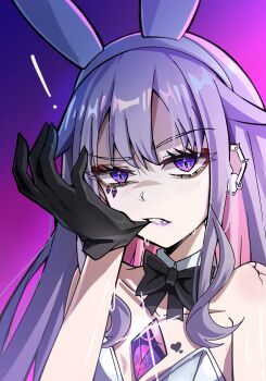 ! 1girl aciayadi alternate_costume animal_ears biting biting_glove black_bow black_bowtie black_gloves bow bowtie chest_jewel commentary detached_collar double-parted_bangs ear_piercing english_commentary fang furrowed_brow gem gloves gradient_background hair_flaps hand_up heart heart_tattoo highres hololive hololive_english jewel_under_eye koseki_bijou leotard light_blush long_hair looking_at_viewer multicolored_eyes parted_lips piercing pink_background pink_hair purple_background purple_eyes purple_gem purple_lips rabbit_ears spiked_ear_piercing strapless strapless_leotard sweat tattoo teeth two-tone_eyes upper_body virtual_youtuber white_leotard