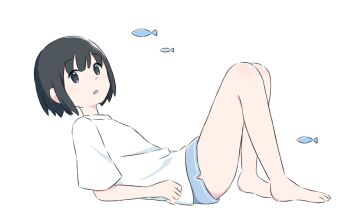 1girl arm_support azchipi barefoot black_eyes black_hair blue_shorts fish from_side full_body highres knees_up looking_at_viewer looking_to_the_side lying on_back original parted_lips shirt short_shorts short_sleeves shorts simple_background solo t-shirt white_background white_shirt