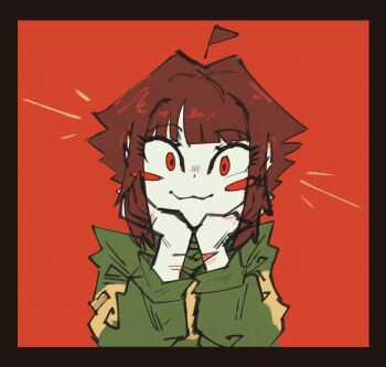 ak-me blush brown_hair chara_(undertale) highres looking_at_viewer red_background red_eyes short_hair smile striped_clothes undertale utdr_(toby_fox)