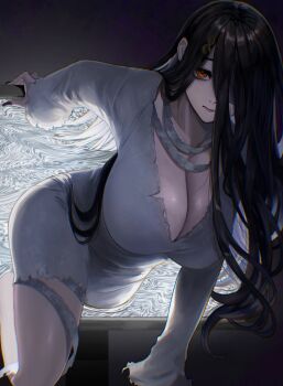 1girl bandages black_background black_hair black_nails breasts cleavage closed_mouth cosplay crawling dress ghost_girl hair_over_face hair_over_one_eye highres large_breasts leaning_forward long_hair long_sleeves looking_at_viewer nekotokage nijisanji one_eye_covered orange_eyes pale_skin screen_light shirayuki_tomoe short_dress solo static straight_hair television through_medium through_screen v-neck very_long_hair virtual_youtuber white_dress yamamura_sadako yamamura_sadako_(cosplay)