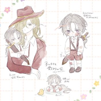 1boy 1girl aged_down blonde_hair commentary full_body hair_over_one_eye highres limbus_company long_hair lucio_(project_moon) ponytail project_moon purple_eyes red_shorts shirt shorts socks suspenders sword symbol-only_commentary valencina_(project_moon) weapon white_hair white_shirt white_socks yellow_eyes yionsim