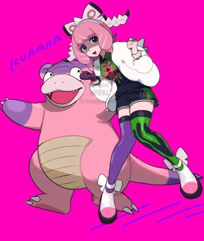 1girl :d black_eyes black_shorts bracelet collared_shirt commentary_request dynamax_band eyeshadow galarian_slowbro gloves hairband highres jacket jewelry klara_(pokemon) long_sleeves makeup mole mole_under_mouth momotose_(hzuu_xh4) nintendo open_clothes open_jacket open_mouth pink_background pink_hair pokemon pokemon_(creature) pokemon_swsh purple_eyeshadow ring shirt shoes shorts single_glove smile thighhighs watermark white_hairband white_jacket white_shoes