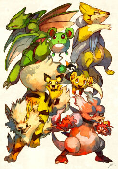 alternate_color arcanine bluekomadori breath_weapon breathing_fire bright_pupils dot_nose fangs faux_traditional_media fire floatzel full_body gen_1_pokemon gen_2_pokemon gen_4_pokemon highres magmar marill nintendo no_humans open_mouth orange_eyes pichu pokemon pokemon_(creature) scyther shinx shiny_pokemon simple_background white_background white_pupils