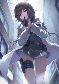 1girl absurdres adjusting_clothes adjusting_gloves armband black_gloves black_hair blue_archive blue_armband blue_necktie cha_seiga coat commentary_request glove_in_mouth gloves gluteal_fold grey_shirt grey_skirt hair_between_eyes halo highres holster lab_coat medium_hair mouth_hold necktie purple_eyes purple_halo shirt skirt solo subaru_(blue_archive) thigh_holster thighs white_coat