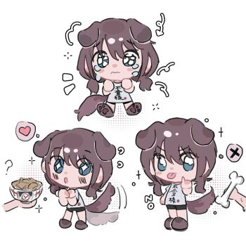 +_+ 1girl :o afterimage animal_ears bare_arms bingkuai_xiaomao black_shorts blue_eyes bone bowl brown_footwear brown_hair chibi chinese_commentary clenched_hands closed_mouth clothes_writing commentary_request crying crying_with_eyes_open dog_ears dog_tail excited floppy_ears food_request girls_band_cry giving_food heart holding holding_bone holding_bowl iseri_nina kemonomimi_mode light_blush long_hair low_twintails middle_finger motion_lines multiple_views notice_lines open_mouth own_hands_together paw_shoes pleading_eyes sad shirt shoes short_shorts short_sleeves short_twintails shorts sparkling_eyes speech_bubble spoken_heart spoken_x standing t-shirt tail tail_wagging tears thought_bubble tongue twintails v-shaped_eyebrows wavy_mouth white_background white_shirt