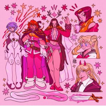 6+girls albabg artist_logo ayanami_rei bishoujo_senshi_sailor_moon blonde_hair boa_hancock bodysuit boots bow chainsaw_man commentary cowboy_bebop crescent crescent_facial_mark cropped_shoulders crossover cup double_bun drinking_straw eel english_commentary facial_mark faye_valentine forehead_mark full_body fur_trim hair_between_eyes hair_bun hair_ornament hairband hand_up high_heels holding holding_cup horns leggings lina_inverse logo long_hair looking_at_viewer mecha_pilot_suit medium_hair multiple_crossover multiple_girls neon_genesis_evangelion one_piece orange_hair parted_bangs pink_theme plugsuit_(evangelion) power_(chainsaw_man) purple_hair red_hair sailor_collar sailor_moon sailor_senshi_uniform short_bangs short_hair shoulder_pads skirt slayers sparkle star_(symbol) sword toon_(style) tsukino_usagi very_long_hair weapon white_bodysuit