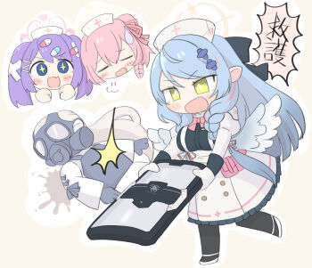 :d black_gloves black_pantyhose black_shirt blue_archive blue_eyes blue_hair blue_wings blush_stickers bow braid breasts brown_background character_request chibi clenched_hands closed_eyes dress fang feathered_wings gas_mask gloves green_eyes grey_hair hair_between_eyes hair_over_shoulder hair_ribbon halo hanae_(blue_archive) hat highres holding holding_shield juliet_sleeves large_breasts long_hair long_sleeves mask mine_(blue_archive) miranofuudoria multicolored_hair nurse nurse_cap one_side_up open_mouth outline pantyhose pink_bow pink_hair pink_ribbon pointy_ears puffy_sleeves purple_hair ribbon riot_shield serina_(blue_archive) shield shirt shoes smile standing standing_on_one_leg streaked_hair translation_request twin_braids twintails v-shaped_eyebrows very_long_hair wavy_mouth white_dress white_gloves white_hat white_outline white_shoes white_wings wings