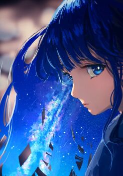 Rule 34 | 1girl, blue eyes, blue hair, closed mouth, commentary request, expressionless, from side, hair focus, long hair, looking at viewer, looking to the side, milky way, original, sanmen (threeface il), shooting star, sideways glance, solo, star (sky), upper body, wispy bangs