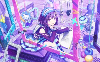 1girl asymmetrical_legwear hair_ornament hairband highres indoors long_sleeves looking_at_viewer mirror mismatched_legwear project_sekai purple_eyes purple_hair shinonome_ena short_hair sitting skirt socks solo striped stuffed_animal stuffed_toy tagme thighhighs tongue