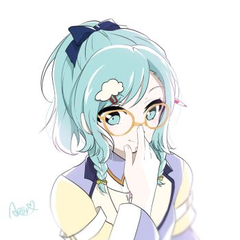 1girl adjusting_eyewear alternate_costume aose_ao aqua_eyes aqua_hair bang_dream! bang_dream!_girls_band_party! braid cloud_hair_ornament commentary_request fingernails glasses hair_ornament highres hikawa_hina long_sleeves looking_at_viewer pencil pencil_behind_ear ponytail side_braids signature simple_background solo twin_braids upper_body white_background yellow-framed_eyewear