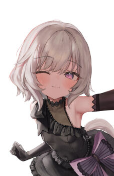 1girl absurdres animal_ears black_dress blush breasts commentary_request curren_chan_(umamusume) dress elbow_gloves gloves h.yasai highres horse_girl horse_tail looking_at_viewer no_animal_ears one_eye_closed purple_eyes simple_background small_breasts solo tail umamusume white_background