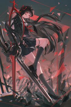 1girl absurdres arm_cutout black_choker black_hair black_serafuku black_shirt black_shoes black_skirt black_socks chinese_commentary chisa_(wuthering_waves) choker clothing_cutout commentary_request hair_ribbon highres knee_up leaning_on_weapon loafers long_hair looking_at_viewer neckerchief parted_lips planted planted_sword planted_weapon pleated_skirt red_eyes red_neckerchief red_ribbon ribbon sailor_collar sailor_shirt school_uniform serafuku shirt shoes skirt socks solo sword tacet_mark_(wuthering_waves) very_long_hair weapon white_sailor_collar wuthering_waves xiaoji_chuangzao