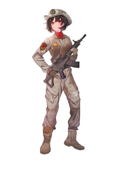 1girl black_hair brown_hat brown_pants brown_shoes closed_mouth commentary_request fingerless_gloves full_body gloves gun hat highres holding holding_gun holding_weapon juzi_wei_qishui long_sleeves military_uniform original pants red_eyes red_hair red_shirt shirt shoes short_hair simple_background smile solo weapon