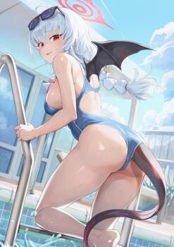 Rule 34 | 1girl, ahoge, alternate costume, ass, back cutout, bare back, bare shoulders, black tail, black wings, blue archive, blue one-piece swimsuit, breasts, clothing cutout, competition swimsuit, day, demon tail, demon wings, eyewear on head, fake wings, feet out of frame, from behind, halo, haruna (blue archive), highres, large breasts, light blush, long hair, looking at viewer, one-piece swimsuit, parted lips, piercing, pool, pool ladder, poolside, red eyes, red halo, single wing, solo, swimsuit, tail, tiger june, white hair, wing piercing, wings
