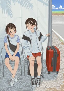 2girls absurdres black_eyes black_hair brown_hair closed_eyes colored_inner_hair highres jacket mashiro_ka multicolored_hair multiple_girls original outdoors rolling_suitcase shoes short_hair short_shorts shorts side_ponytail sitting sneakers suitcase teeth track_jacket two-tone_hair upper_teeth_only