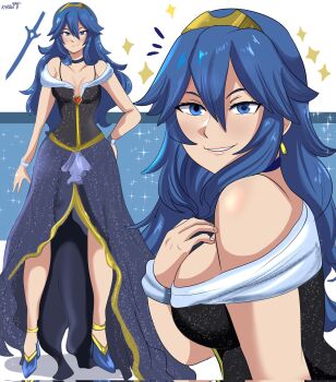 Rule 34 | 1girl, blue eyes, blue hair, brand of the exalt, breasts, commentary, fire emblem, fire emblem awakening, hair between eyes, highres, karbuitt, long hair, looking at viewer, lucina (fire emblem), nintendo, open mouth, smile, solo, tiara