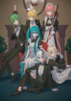 6+girls adjusting_clothes adjusting_necktie ahoge alternate_costume apron aqua_eyes aqua_hair arm_on_knee black_bow black_bowtie black_hair black_jacket black_ribbon black_shoes blonde_hair blue_eyes bow bow_hairband bowtie broom chair commentary dress_pants enmaided expressionless fireplace flower_(vocaloid) flower_(vocaloid4) formal_clothes green_eyes green_hair grey_vest gumi hair_bow hairband hand_in_pocket hatsune_miku headdress highres holding holding_broom ia_(vocaloid) indoors jacket kagamine_rin knee_up light_smile long_hair looking_at_viewer maid maid_apron maid_headdress megurine_luka multicolored_hair multiple_girls neck_ribbon necktie on_floor one_eye_closed open_mouth parted_lips pink_hair plant potted_plant purple_eyes ribbon rubbing_eyes shoes short_hair short_hair_with_long_locks short_sleeves sidelocks sideways_glance sitting smile streaked_hair suit symbol-only_commentary traditional_bowtie twintails very_long_hair vest vocaloid white_bow white_hair wounds404 wrist_cuffs