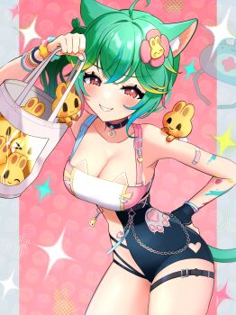 1girl absurdres animal animal_ear_fluff animal_ears animal_on_shoulder bag bandaid bandaid_on_arm black_choker black_gloves black_skirt blonde_hair blue_hair blue_scrunchie bracelet breasts cat_ears cat_tail choker cleavage clothing_cutout collarbone flower gloves green_hair hair_flower hair_ornament heart heart_cutout high-waist_skirt highres holding holding_bag jewelry multicolored_hair multicolored_scrunchie paint_splatter pink_flower pink_hair pink_scrunchie rosedoodle_(vtuber) scrunchie single_glove skirt solo streaked_hair tail thigh_strap vchiban virtual_youtuber wrist_scrunchie yellow_scrunchie yuarima2