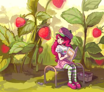 1girl :d basket bench book commentary cookbook day english_text food food-themed_hat food_print fruit fruit_print full_body grass green_eyes green_pantyhose hat high-waist_skirt highres holding holding_book japeell leaf long_hair looking_at_food mary_janes newsboy_cap on_bench open_mouth outdoors oversized_food oversized_object pantyhose picnic_basket pink_hair pink_hat pink_shoes pink_skirt plant polka_dot polka_dot_skirt puffy_short_sleeves puffy_sleeves rock shirt shirt_tucked_in shoes short_sleeves sitting skirt sky smile solo strawberry strawberry_print strawberry_shortcake_(2009) strawberry_shortcake_(character) strawberry_shortcake_(series) striped_clothes striped_pantyhose symbol-only_commentary teeth turning_head twitter_username two-tone_pantyhose upper_teeth_only very_long_hair white_pantyhose white_shirt white_sky wooden_bench