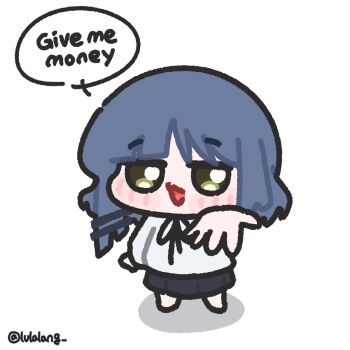 1girl black_skirt blue_hair bocchi_the_rock! chibi chibi_only english_text full_body green_eyes hand_up highres jitome looking_at_viewer lulalang open_hand open_mouth shirt short_hair simple_background skirt smile solo speech_bubble standing talking twitter_username white_background white_shirt yamada_ryo