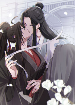 2boys ahoge bishounen black_hair black_hanfu blurry blurry_foreground brown_hair carrying chinese_clothes closed_eyes closed_mouth couple falling_petals fduki_maro flower grey_eyes hair_ribbon hanfu high_ponytail highres holding holding_ribbon hug kiss lan_wangji long_hair long_sleeves looking_at_another male_focus modao_zushi multiple_boys petals ponytail princess_carry profile red_ribbon red_sash ribbon robe sash sidelocks smile topknot untied_ribbon upper_body wei_wuxian white_flower white_hanfu white_ribbon wide_sleeves yaoi