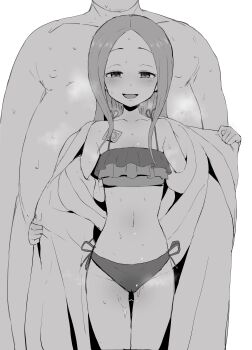 10s 1boy 1girl absurdres bare_shoulders blush cameltoe condom condom_wrapper fat fat_man flat_chest forehead frilled_tankini greyscale happy highres karakai_jouzu_no_takagi-san looking_at_viewer monochrome navel netorare open_clothes open_mouth open_robe parted_bangs robe sketch sweat takagi-san terasu_mc undressing