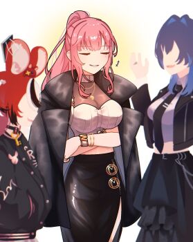 alternate_costume blue_hair breasts earrings hakos_baelz hashtag-only_commentary highres hololive hololive_english hyurisaki jacket jewelry large_breasts long_hair midriff mori_calliope multiple_girls necktie open_mouth ouro_kronii pink_hair ponytail smile virtual_youtuber