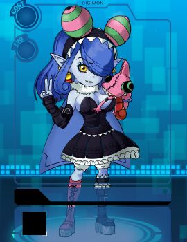 appmon dan_de_lion digimon digimon_universe:_appli_monsters dress earrings fang highres jewelry long_hair mienumon nail_polish one_eye_covered puppet shortstack tiara v