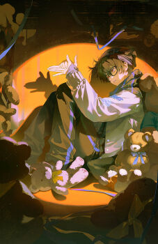 1boy black_hair full_body glasses hair_between_eyes highres hood hood_down hoodie jacket knees_up long_sleeves male_focus on_floor original pants parted_lips purple_ribbon ribbon shadow shirt short_hair sitting sleeves_past_wrists slippers solo stuffed_animal stuffed_toy sweater teddy_bear xiaojiaju