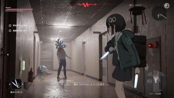 1girl aqua_eyes backpack bag black_hair blood blood_on_clothes drone fake_screenshot fire_extinguisher glowstick hair_ribbon highres hood hooded_coat lanyard lost_property_control_organization_(samidare) monster original penlight_(glowstick) protagonist_(lost_property_control_organization) reverse_grip ribbon samidare_(hoshi) short_hair skirt slug stairs t-6407j_(samidare) translation_request user_interface white_ribbon