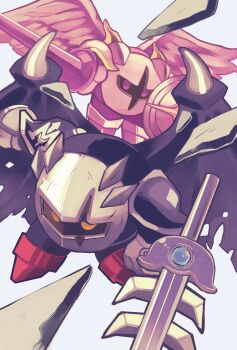 armor cape dark_meta_knight feathered_wings galacta_knight highres holding holding_shield holding_sword holding_weapon kirby_(series) mask meta_knight nintendo no_humans orange_eyes pauldrons pink_armor pink_eyes pink_shield pink_sword pink_wings purano7 purple_armor purple_wings shield shoulder_armor simple_background sword weapon white_background wings