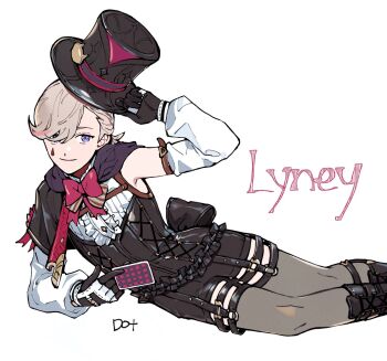 Rule 34 | 1boy, artist name, belt, black boots, black gloves, black hat, black shorts, black vest, blonde hair, boots, bow, bowtie, cape, card, character name, closed mouth, detached sleeves, english text, facial mark, frills, genshin impact, gloves, hair over one eye, hat, highres, holding, holding unworn clothes, holding unworn hat, korean commentary, long sleeves, looking at viewer, lying, lyney (genshin impact), male focus, on side, pink bow, pink bowtie, purple cape, purple eyes, shirt, short hair, shorts, simple background, smile, solo, thighhighs, to dot , top hat, unworn hat, unworn headwear, vest, white background, white shirt