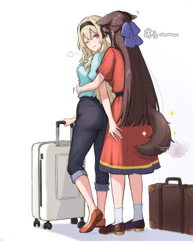 2girls ;) afterimage animal_ears aqua_shirt ass black_hairband black_pants blonde_hair blue_eyes blurry bow brown_shoes chibinekopan closed_mouth commentary_request depth_of_field dog_ears dog_girl dog_tail dress from_behind full_body gradient_background grey_background hair_between_eyes hair_bow hair_ornament hairband hand_on_another&#039;s_thigh hand_up heel_up highres hug hug_from_behind jitome kemonomimi_mode light_blush long_hair looking_at_another looking_back motion_lines multiple_girls no_pupils no_socks one_eye_closed orange_dress orange_shoes pants pants_rolled_up pink_eyes puff_of_air puffy_short_sleeves puffy_sleeves purple_bow raised_eyebrows rolling_suitcase saijou_claudine shadow shirt shirt_tucked_in shoes short_sleeves shoujo_kageki_revue_starlight simple_background smile socks sparkle standing suitcase tail tail_wagging tendou_maya translation_request very_long_hair white_background white_socks x_hair_ornament yuri