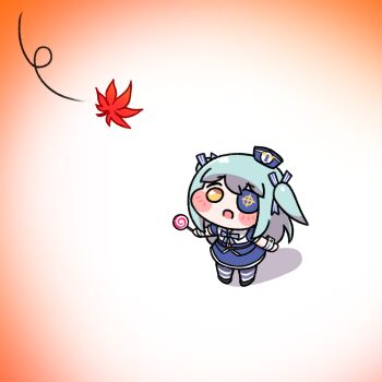 1girl alterkero aqua_hair blush_stickers candy chibi dress eyepatch falling_leaves food from_above gradient_background hair_ribbon hat highres holding holding_candy holding_food holding_lollipop last_origin leaf lollipop long_hair lrl_(last_origin) maple_leaf ribbon sailor_dress sailor_hat solo striped_clothes striped_thighhighs swirl_lollipop thighhighs two_side_up wrist_cuffs yellow_eyes