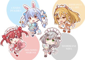 >_< 4girls :d absurdres animal_ear_fluff animal_ears apron blonde_hair blue_dress blue_hair blue_shoes bow braid brown_dress brown_eyes brown_shoes carrot_hair_ornament character_name chibi commentary_request dress food-themed_hair_ornament frilled_hair_tubes frills green_eyes grey_dress grey_hair grey_shoes hair_bow hair_ornament hair_tubes heterochromia highres holding hololive hololive_3rd_generation_live_outfit houshou_marine kiritoma maid_headdress multicolored_hair multiple_girls open_mouth outline pekomon_(usada_pekora) ponytail puffy_short_sleeves puffy_sleeves rabbit-shaped_pupils rabbit_ears red_dress red_eyes red_hair red_shoes shiranui_flare shirogane_noel shoes short_sleeves smile socks standing standing_on_one_leg streaked_hair symbol-shaped_pupils twin_braids twintails two-tone_hair usada_pekora virtual_youtuber white_apron white_bow white_hair white_outline white_socks xd