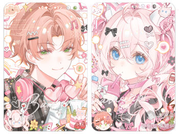 1boy 1girl animal_ear_fluff animal_ears black_shirt blue_eyes border cat_ears cat_girl closed_mouth collared_shirt double-parted_bangs green_eyes hair_between_eyes headphones headphones_around_neck long_hair mihuashi_username nail_polish orange_hair original parted_bangs pink_hair pink_nails portrait shirt short_hair smile watermark white_border xun_xun_xiaolongbao