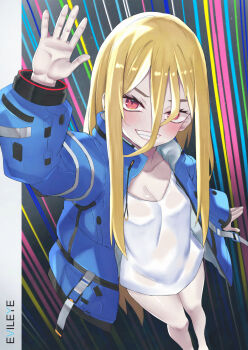 1girl arm_up bare_legs barefoot blonde_hair blue_coat breasts character_name cleavage coat collarbone commentary cosplay diana_(pragmata) diana_(pragmata)_(cosplay) dutch_angle english_commentary evil_grin evil_smile evileye_(overlord) foreshortening grin hair_between_eyes highres long_hair long_hair_between_eyes long_sleeves looking_at_viewer nekokyun open_clothes open_coat overlord_(maruyama) padded_coat parted_lips pragmata puffy_long_sleeves puffy_sleeves red_eyes shirt small_breasts smile solo standing white_shirt