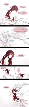 !? 2girls aged_up bed blush comic english_text highres hug kuma_(bloodycolor) long_hair lying morning_after multiple_girls nude red_hair ruby_rose rwby sleeping weiss_schnee white_hair yuri