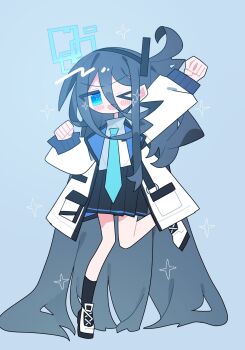 Rule 34 | > o, 1girl, ;d, absurdly long hair, aqua necktie, aris (blue archive), arm up, black hair, black hairband, black skirt, black socks, blue archive, blue background, blue eyes, blush stickers, clenched hands, coat, collared shirt, commentary request, eyes visible through hair, full body, gugyuguba, hair between eyes, hairband, hand up, highres, leg up, long bangs, long hair, long sleeves, miniskirt, mouth visible through hair, necktie, one eye closed, open clothes, open coat, open mouth, pleated skirt, pocket, raised fist, shirt, shoes, simple background, skirt, smile, sneakers, socks, solo, sparkle, v-shaped eyebrows, very long hair, white coat, white shirt, white shoes, wing collar