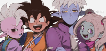 +++ 1girl 3boys :/ :d :o aqua_skin arm_at_side artist_name bare_arms black_eyes black_hair black_nails blue_shirt blue_skin blue_tongue blue_tunic blush_stickers choppy_bangs close-up closed_mouth collarbone collared_jacket colored_skin colored_tongue commentary dougi dragon_ball dragon_ball_daima dragonball_z earrings english_commentary eyelashes facing_viewer fingernails glorio_(dragon_ball) grey_hair hair_tie half-closed_eyes hand_up head_tilt height_difference high_collar highres holitreee jacket jewelry jitome juliet_sleeves light_blush lineup long_sleeves looking_afar looking_at_viewer looking_back messy_hair mohawk multiple_boys open_clothes open_jacket open_mouth orange_overalls overalls padded_jacket pansy_(dragon_ball_daima) parted_bangs pink_scarf pink_skin pointy_ears potara_earrings puffy_sleeves purple_eyes purple_jacket purple_tongue raised_eyebrow scarf serious shin_(dragon_ball) shirt sideways_glance simple_background smile son_goku spiked_hair straight-on straight_hair t-shirt tank_top tareme teeth tongue tsurime tunic turning_head twintails undercut upper_body upper_teeth_only white_background white_hair white_shirt white_tank_top yellow_eyes