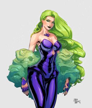 1girl alternate_costume artist_name bare_shoulders breasts cleavage clothing_request green_eyes green_hair grey_background hellfire_gala highres large_breasts long_hair marvel polaris_(x-men) redrollerball12 simple_background x-men