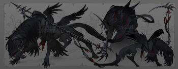 animal_focus artist_name bandages beak black_hair black_skin blindfold claws colored_skin commentary commentary_request creature dragon fangs feathers grave highres immorthis limited_palette long_hair monster original reference_sheet scar scythe simple_background tail teeth watermark wings