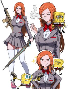 1boy 1girl absurdres asymmetrical_dual_wielding bags_under_eyes bandaid bandaid_on_face bandaid_on_nose bleach blue_eyes bow bowtie brown_eyes buck_teeth cigarette commentary crossover dual_wielding english_commentary finger_on_trigger fortnite frown grey_jacket grey_skirt gun handgun highres holding holding_cigarette holding_weapon inoue_orihime jacket kekel lapels long_hair long_sleeves looking_at_viewer notched_lapels parted_lips pink_shoes pleated_skirt red_bow red_bowtie rifle school_uniform shirt shoes simple_background skindentation skirt smile smoke smoking smug sneakers spongebob_squarepants spongebob_squarepants_(series) sword teeth thighhighs weapon weapon_request white_background white_shirt white_thighhighs