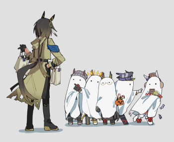 6+girls ahozur_dayo animal_ears asymmetrical_footwear bag bed_sheet black_gloves candy chibi dream_journey_(umamusume) fenomeno_(umamusume) food full_body ghost_costume glasses gloves gold_ship_(umamusume) halloween halloween_bucket halloween_costume hand_on_own_hip hat highres holding holding_bag horse_ears horse_girl horse_tail jacket mismatched_footwear multicolored_hair multiple_girls nakayama_festa_(umamusume) offering_hand orfevre_(umamusume) peaked_cap shopping_bag simple_background standing stay_gold_(umamusume) stay_gold_clan_(umamusume) tail torn_clothes torn_jacket umamusume white_gloves