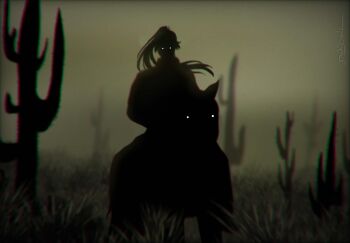 1boy animal cactus daikidevil empty_eyes full_body glowing glowing_eyes grass high_ponytail highres horse horseback_riding long_hair looking_at_viewer outdoors ponytail riding shadow_slave silhouette sunny_(shadow_slave) white_eyes