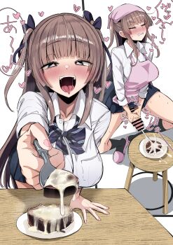 1girl absurdres akiamare apron blue_skirt bow bowtie breasts brown_hair candy chocolate chocolate_heart closed_eyes collared_shirt commentary_request cum cum_on_food ejaculation erection food futanari futanari_masturbation green_eyes heart heart-shaped_food heart-shaped_pupils highres incoming_food large_breasts long_hair masturbation open_mouth original penis pink_apron plate projectile_cum shirt skirt speech_bubble standing stool symbol-shaped_pupils table testicles white_shirt