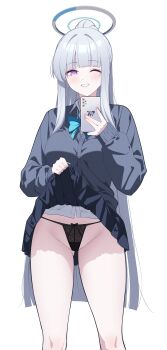 1girl absurdres alternate_costume black_panties black_skirt blue_archive blue_bow blue_bowtie bow bowtie cardigan clothes_lift collared_shirt commentary eyes_out_of_frame grey_cardigan grin halo head_out_of_frame high_ponytail highres holding holding_phone long_hair mechanical_halo mirror_selfie noa_(blue_archive) one_eye_closed panties phone pleated_skirt ponytail purple_eyes reia_76 school_uniform selfie shirt skirt skirt_lift smile solo thighs underwear very_long_hair white_hair white_halo white_shirt