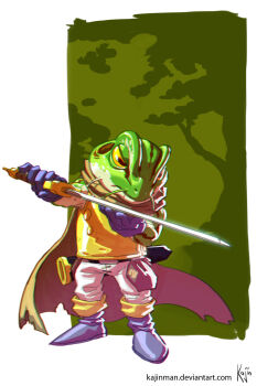 1boy armor artist_name boots brown_cape cape chrono_trigger commentary deviantart_username english_commentary frog_(chrono_trigger) frog_boy furry furry_male highres holding holding_sword holding_weapon horizontal_pupils kajin_(kajinman) male_focus mixed-language_commentary signature spanish_commentary sword torn_cape torn_clothes weapon