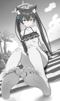 1girl animal_ear_fluff animal_ears aqua_ribbon armpit_crease barefoot beach bikini blue_archive blurry blurry_background blush breasts cat_ears collarbone commentary crossed_bangs day feet foot_focus foreshortening frilled_bikini frills full_body greyscale halo highres knees_up long_hair looking_at_viewer monochrome outdoors parted_lips red_eyes ribbon ryuudog serika_(blue_archive) serika_(swimsuit)_(blue_archive) shadow sitting sketch small_breasts soles solo spot_color swimsuit symbol-only_commentary toenails toes twintails very_long_hair